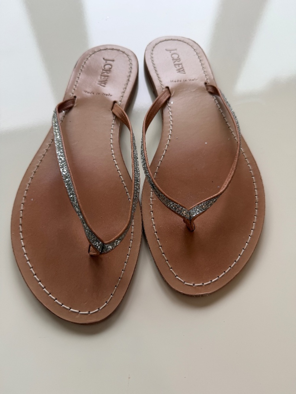 J Crew flip flops, brown leather footbed with sparkling silver glitter straps